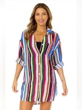 Anne Cole Striped Button Down Shirt Swimsuit Beach Cover Up Size XS/S Multicolor